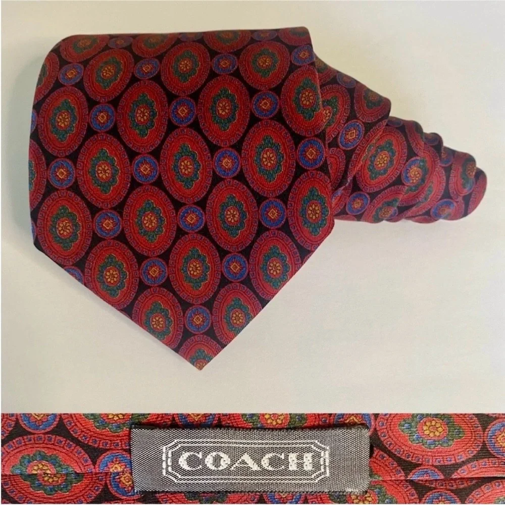 Vintage COACH Art Deco Patterned Geometric Red & Green Classic Silk Tie, 3.5”